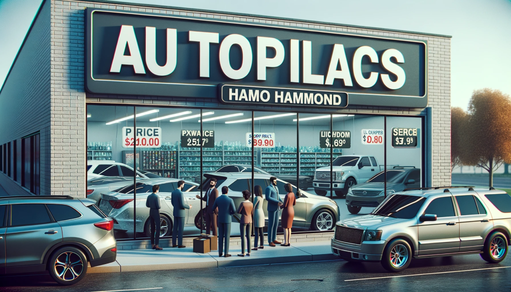 Customers gather outside 'AU TO PILACS - HAMO HAMMOND' showroom, displaying a wide range of low-priced auto glass options."