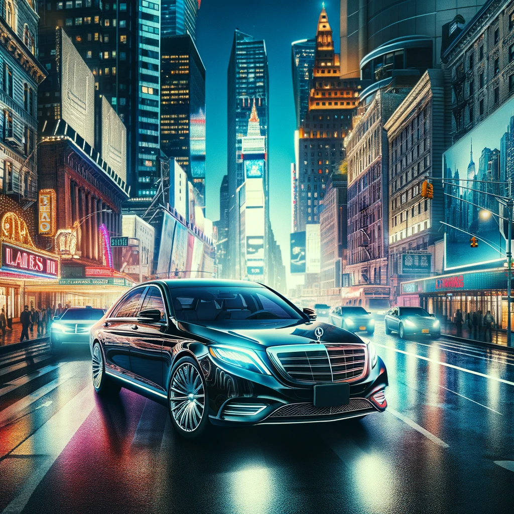 Sleek luxury car cruising through the iconic streets of New York City, epitomizing sophisticated urban transportation against a dynamic skyline.