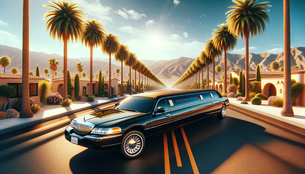 A luxurious black limousine with tinted windows parked on a palm-lined street in Palm Springs, with sandy desert hills and a clear blue sky in the background.